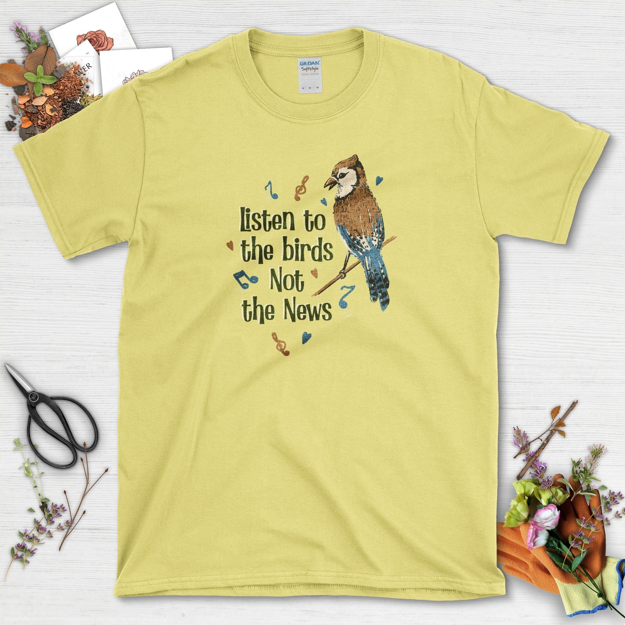 Listen to Birds Not News T-Shirt - Gardeners, Plant Lovers Gifts - Image 2